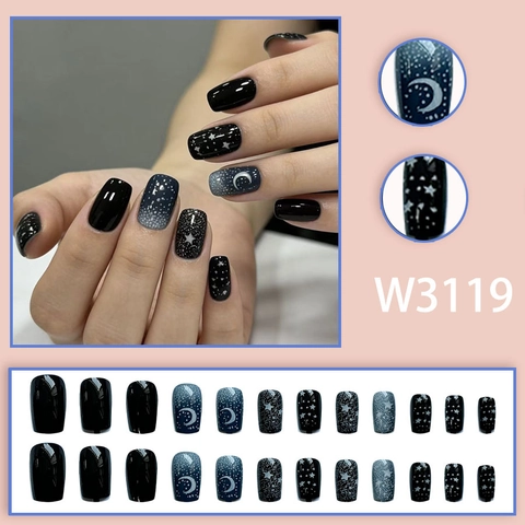 Uñas Postizas Brillantes Patrón De Estrella Y Luna Degradado Negro Azul Plástico ABS Forma Cuadrada Para Mujeres