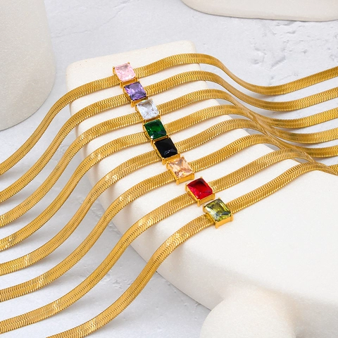 Collier Chaîne Serpent en Acier Inoxydable avec Zircone Rectangle Géométrique pour Femmes Plaqué Or Bijoux Élégants