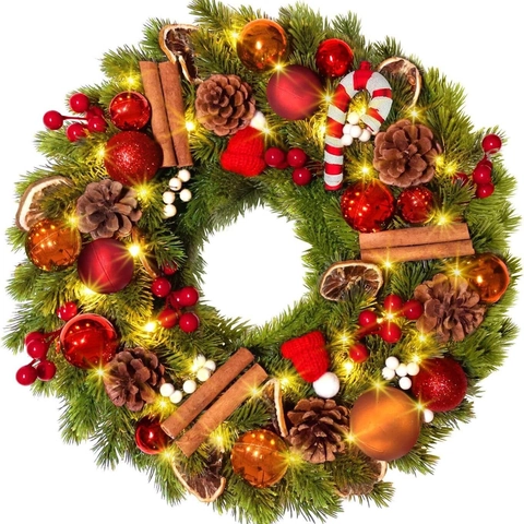 Corona De Navidad Con Luces LED Cálidas Agujas De Pino Artificiales Piñas Bayas Para Decoración De Puerta Y Pared