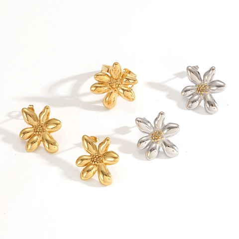 Edelstahl Blumen Schmuck Unregelmäßige Florale Ohrstecker Und Verstellbarer Ring Goldbeschichtet Trendiger Schmuck