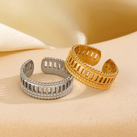 Stainless Steel Hollow Geometric Open Adjustable Ring Beaded Edge Retro Industrial Style Hip Hop Versatile For Women