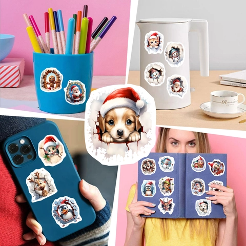 Christmas Stickers PVC Waterproof 3D Visual Effect Cartoon Santa Reindeer Animals Laptop Phone Case DIY Decoration