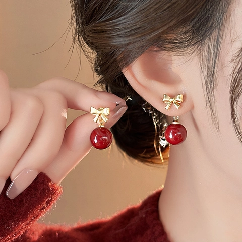 Orecchini Pendenti Fiocco Sfera Rossa Perlina Resina Con Perno In Argento Retro Lega Dorata Gioielli Moda Per Donne Chic