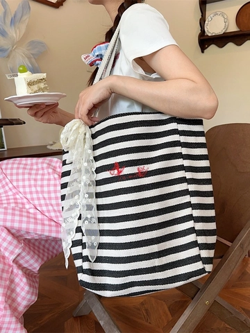 Sac Fourre-Tout En Toile Rayée Grande Capacité Broderie Papillon Avec Nœud En Ruban Dentelle Sac À Épaule Femme Été