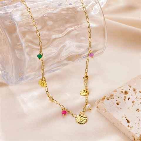 Bohemian Stainless Steel Clavicle Necklace 18K Gold Plated Hammered Round Discs Colorful Beads Artificial Pearls Jewelry For Women