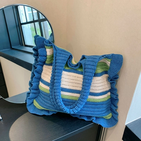 Borsa Tote In Maglia Fatta A Mano Righe Uncinetto Borsa A Spalla Con Volant Grande Capacità Borsa A Mano Casual Donna