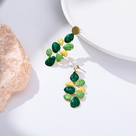 Vintage Stainless Steel Gold Plated Enamel Leaf Earrings For Women Geometric Drip Glaze Floral Drop Stud Earrings Jewelry