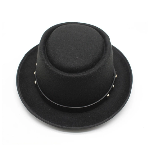 Retro Woolen Pork Pie Hat With Leather Rivet Band Flat Top Small Brim British Style For Men Women