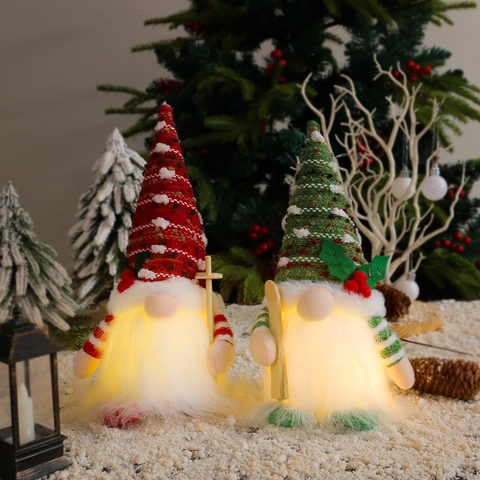 Gnomo De Navidad Luminoso Muñeca De Peluche Sin Rostro Adorno LED Gorro De Punto Esquís De Madera Decoración Hogar Regalo