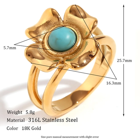 Vintage Flower Ring 18K Gold Plated Stainless Steel With Natural Stone Malachite Turquoise For Women