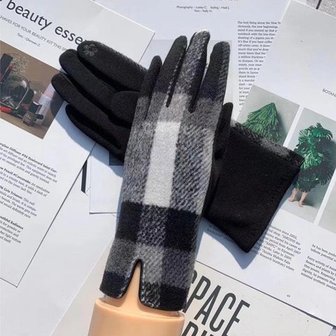 Guanti Invernali da Donna in Lana Scozzese Caldi Foderati in Pile Ricamati Touch Screen Dita Intere Vintage