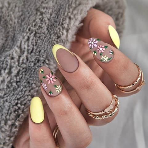 Press On Unghie Opache Vintage Floreale Francese Ovale Corte Giallo Zenzero Stile Autunnale Punte Per Unghie Per Donne