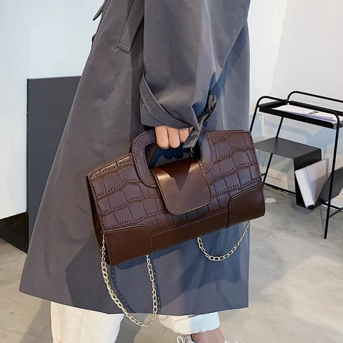 Retro Crocodile Pattern PU Leather Shoulder Bag With Metal Chain Small Square Crossbody Handbag For Women