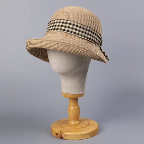 Women Straw Sun Hat Cellulose Polyester Blend Plaid Bow Wide Brim UV Protection Breathable Foldable Summer Beach Travel
