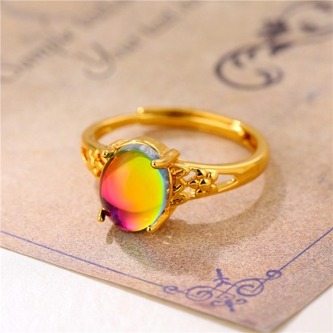 Adjustable Open Ring Copper Gold Plated Iridescent Rainbow Stone Hollow Heart Flower Design Retro Elegant For Women