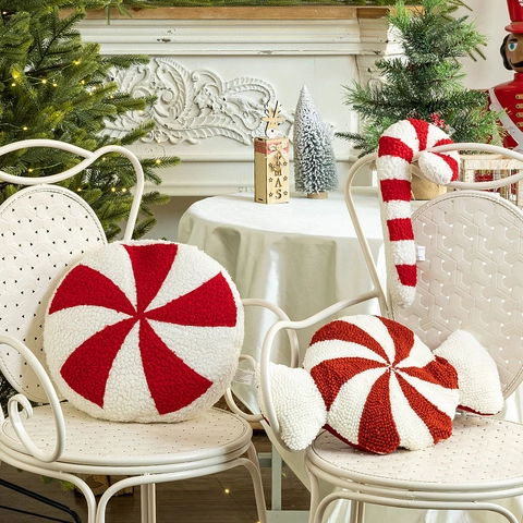 Christmas Candy Cane Peppermint Throw Pillow Red White Sherpa Plush Decorative Cushion For Holiday Home Party Decoration