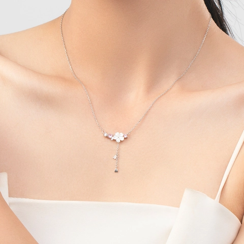 Cherry Blossom Flower Pendant Necklace 925 Sterling Silver White Mother Of Artificial Pearl Pink Zirconia Tassel Heart Charm Elegant