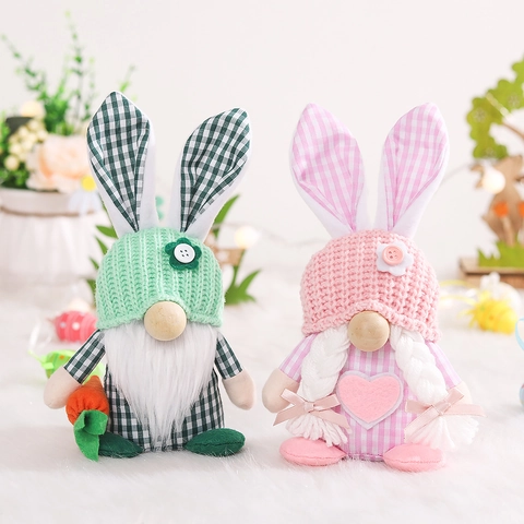 Easter Rabbit Bunny Gnomes Faceless Plush Doll With Bunny Ears Plaid Knitted Fabric Home Party Table Decoration Gift