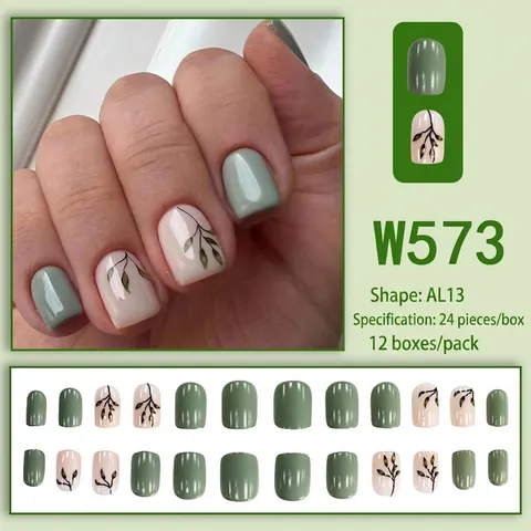 Matcha Groene Press On Nagels Met Elegant Bladpatroon Korte Vierkante Vorm Kunstnagels Voor Dames Verse Natuurlijke Stijl