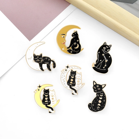 Lindo Juego de Broches de Esmalte de Gato y Luna para Mujer Aleación Gatito Blanco y Negro Fases Lunares Estrelladas Pin de Solapa Insignia Accesorio de Joyería de Moda