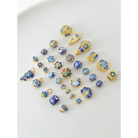Cloisonne Enamel Spacer Beads 14K Gold Plated Blue Floral Loose Beads For DIY Bracelet Jewelry Making Traditional Hollow Charms