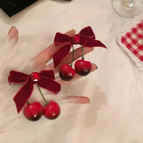 Molletta Per Capelli Con Fiocco In Velluto Rosso E Pendenti Ciliegia Di Simulazione Strass Fatto A Mano Stile Francese Dolce