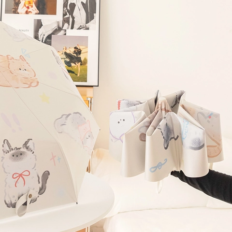 Parapluie Pliant Imprimé Chat Mignon Protection UV Double Usage Soleil Pluie Style Japonais Pour Femmes Avec Sac