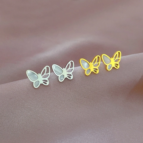 Butterfly Stud Earrings Titanium Steel Mother Of Artificial Pearl Inlay Hollow Minimalist Jewelry For Women Elegant Accessories