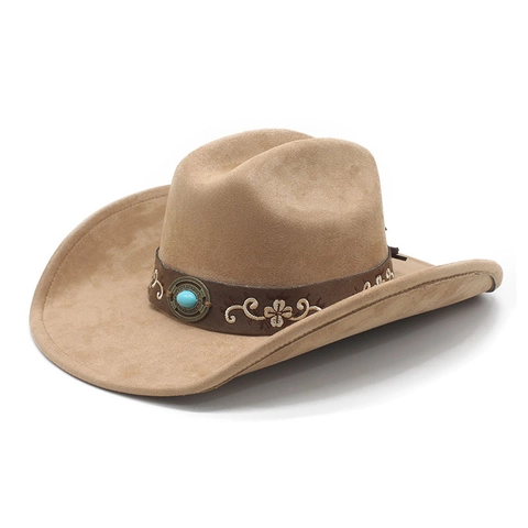 Westerse Cowboyhoed Suède Polyester Brede Rand Retro Etnische Borduurband Turquoise Decoratie Vintage Fedora