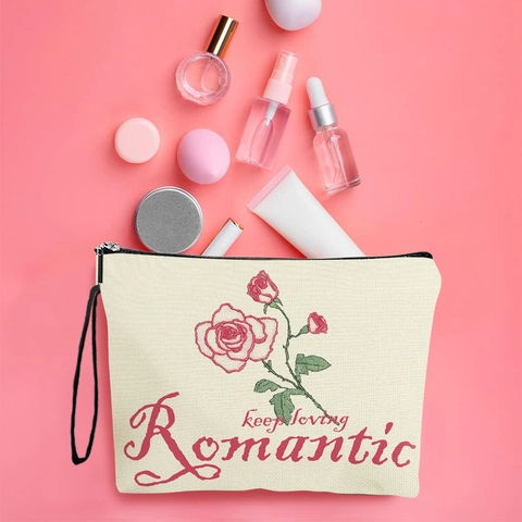 Borsa Trucco Con Stampa Rose Texture Lino Astuccio Cosmetici Con Cerniera E Cinturino Da Polso Estetica Romantica Viaggio