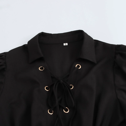 Polo Collar Maxi Dress Black Pleated Polyester Puff Sleeve Lace Up Vintage French Style Elegant For Women