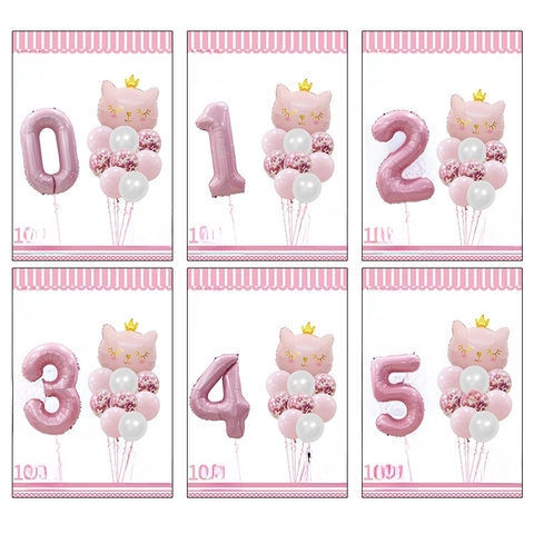 Pink Crown Cat Number Foil And Latex Balloons For Girls Birthday Party Decoration Cute Animal Theme Sweet