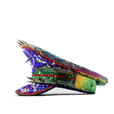 Cappello Da Capitano Con Strass Colorati Berretto Militare Con Paillettes E Borchie In Metallo Per Festival Spettacolo Accessorio Testa Stile Punk