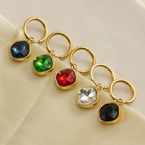 Geometric Square Zircon Drop Hoop Earrings 18K Gold Plated Stainless Steel Fashion Small Design Jewelry For Women