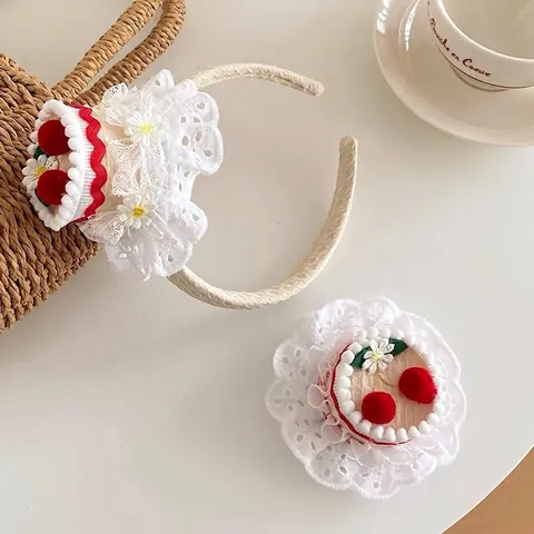 Süßes Kirschkuchen Form Stirnband Und Haarklammer Set Mit Spitze Gänseblümchen Kawaii Lolita Accessoires Für Mädchen