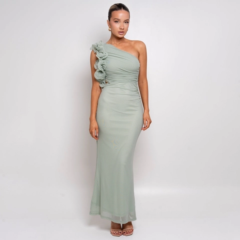Vestito Lungo Sexy Monospalla In Mesh Floreale Ritagliato Arricciato Bodycon A Vita Alta Senza Maniche Da Donna