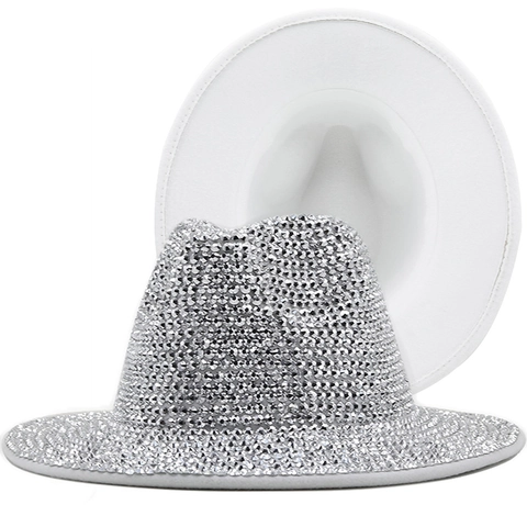 Sparkling Rhinestone Wool Felt Fedora Hat Wide Brim Jazz Cap Retro Stage Performance Party For Men Women