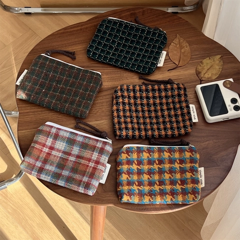 Vintage Plaid Tweed Coin Purse Mini Storage Bag Wool Fabric Zipper Pouch For Lipstick Earphone Organizer