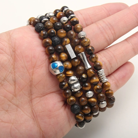 Tiger Eye Natural Stone Beaded Bracelet Stainless Steel Religious Medal Heart Pendant Vintage Stretch Jewelry Unisex