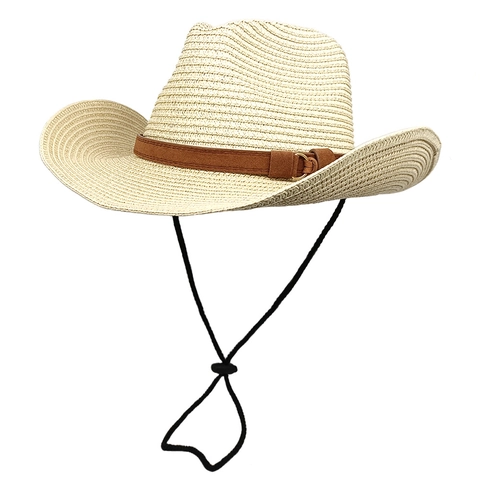 Western Cowboy Straw Hat Wide Brim Sun Protection Breathable Beach Summer Holiday Fedora With Windproof Strap Metal Buckle