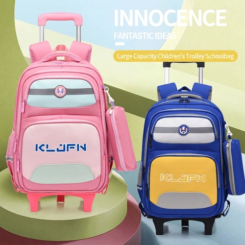 Rolling Backpack Children Oxford Cloth Waterproof Large Capacity Detachable Trolley School Bag For Girls Boys