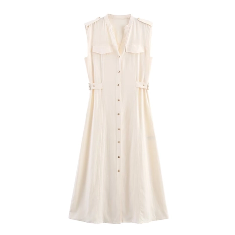 Abito Camicia Midi Senza Maniche Misto Lino Stile Cargo Utility Revers Bottoni Tinta Unita Donna Elegante Ufficio