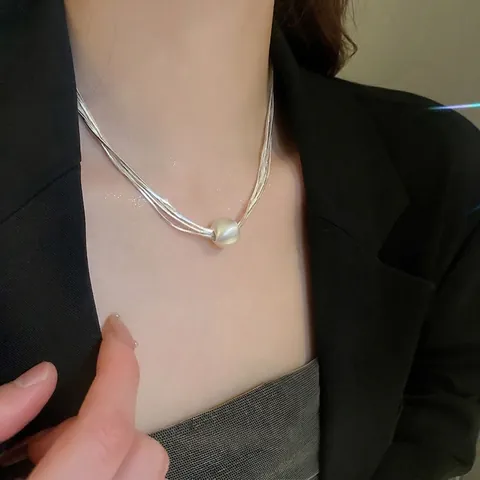 Collana In Rame Multistrato Con Catena A Serpente E Pendente Con Perla Artificial Grande Moda Elegante Minimalista Catena Da Clavicola Per Donna