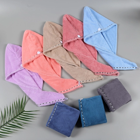 Coral Fleece Hair Drying Cap Super Absorbent Microfiber Bath Towel Turban With Button For Women Fast Drying Thickened