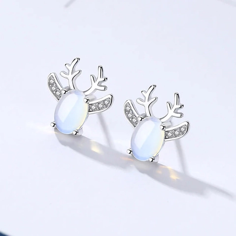 Reindeer Antler Stud Earrings Brass With Synthetic Moonstone And Zircon Cute Christmas Jewelry Gift For Women