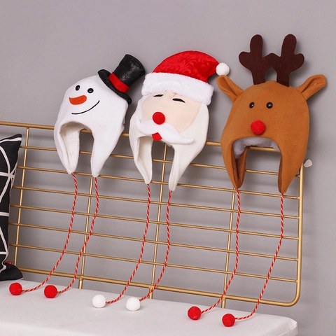 Christmas Hat Plush Santa Claus Reindeer Snowman Cartoon Ear Protection Pom Pom Holiday Party Hats For Kids And Adults