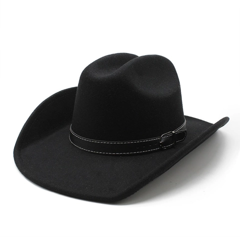 Chapeau De Cow-Boy Western Vintage Large Bord Feutre De Laine Fedora Rétro Avec Bande En Cuir Boucle Métallique