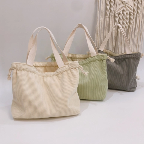 Corduroy Handbag Canvas Lining Drawstring Closure Solid Color Small Tote Lunch Bag For Women Casual