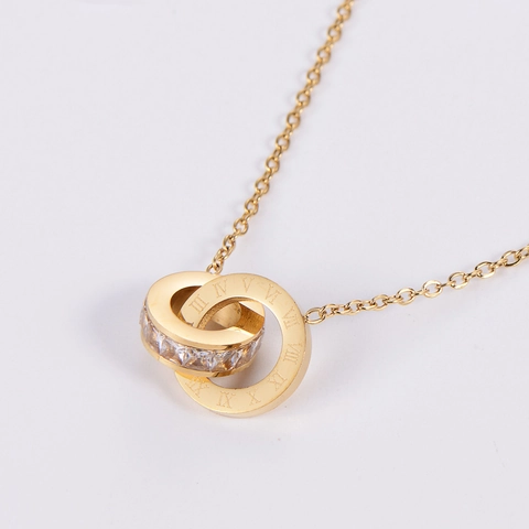 In Elkaar Grijpende Dubbele Ring Hanger Ketting Romeinse Cijfers Roestvrij Staal Zirconia Vergulde Sieraden Voor Vrouwen