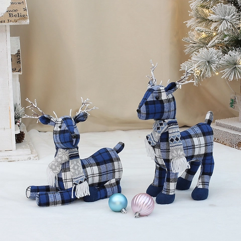 Kerst Rendier Pluche Pop Eland Ornament Blauwe Geruite Stof Met Gebreide Sjaal Noordse Winter Decoratie Cadeauzakje